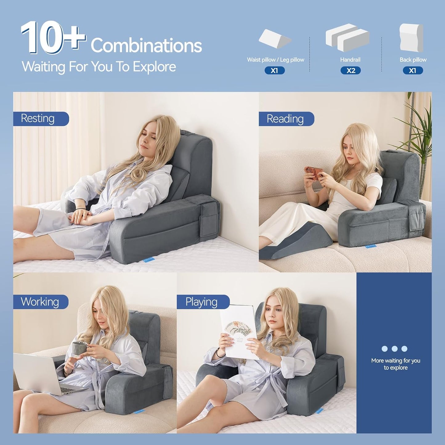 Fahymas Adjustable Reading Pillow with Convertible Backrest, Memory Foam Bed Rest Pillow with Removable Arms and Side Pockets