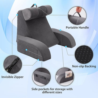 Fahymas Medium Foam Reading Pillow with Detachable Arms and Headrest, Bed Rest Back Support Pillow with Side Pockets