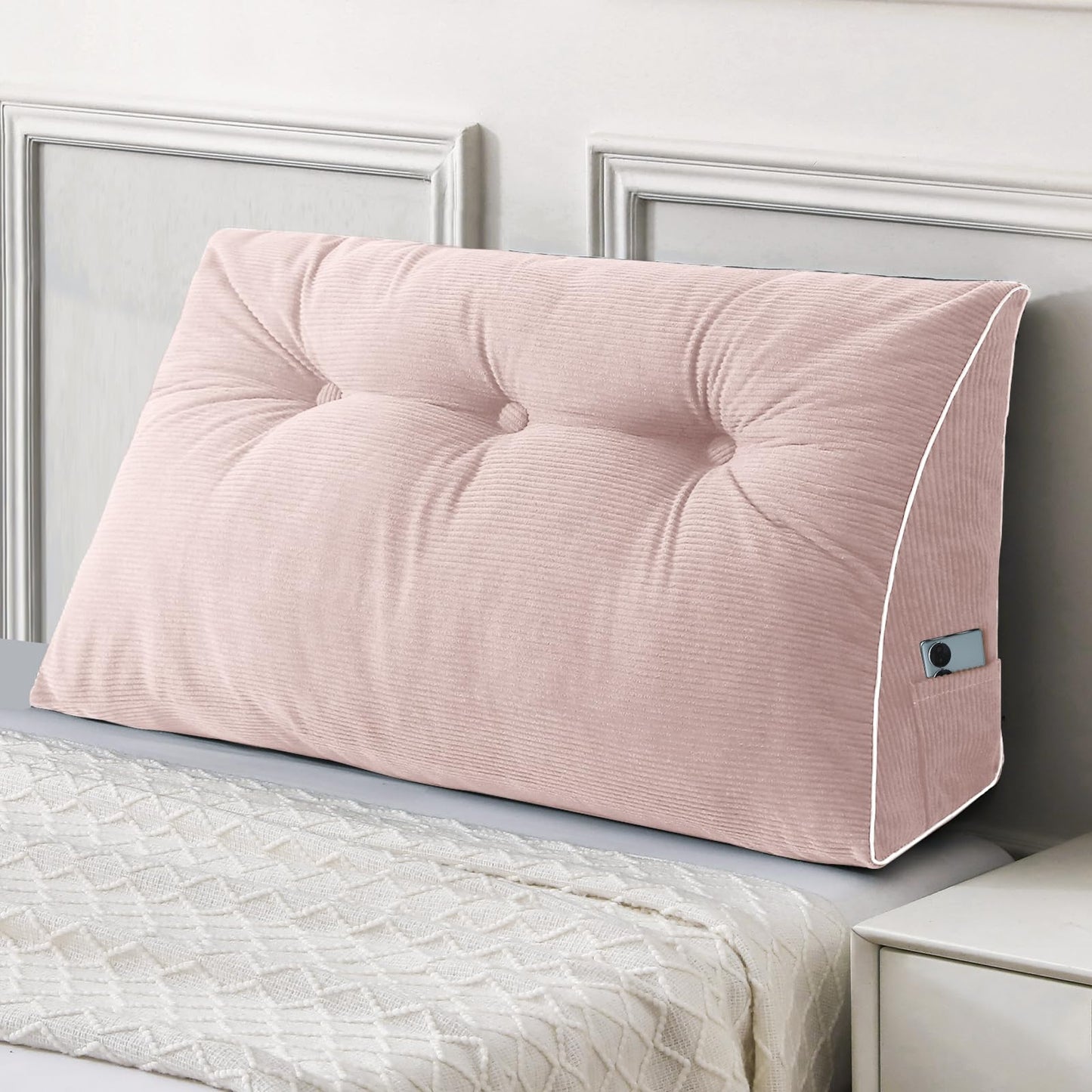 Fahymas Queen Size Wedge Headboard Pillow Set with 2 Bolster Pillows, Velvet Back Support Reading Pillow with Removable Washable Cover