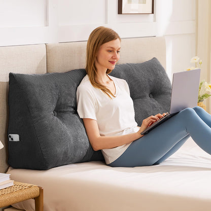 Fahymas Queen Size Wedge Headboard Pillow with Side Pockets, Tufted Back Support Reading Pillow with Removable Washable Cover