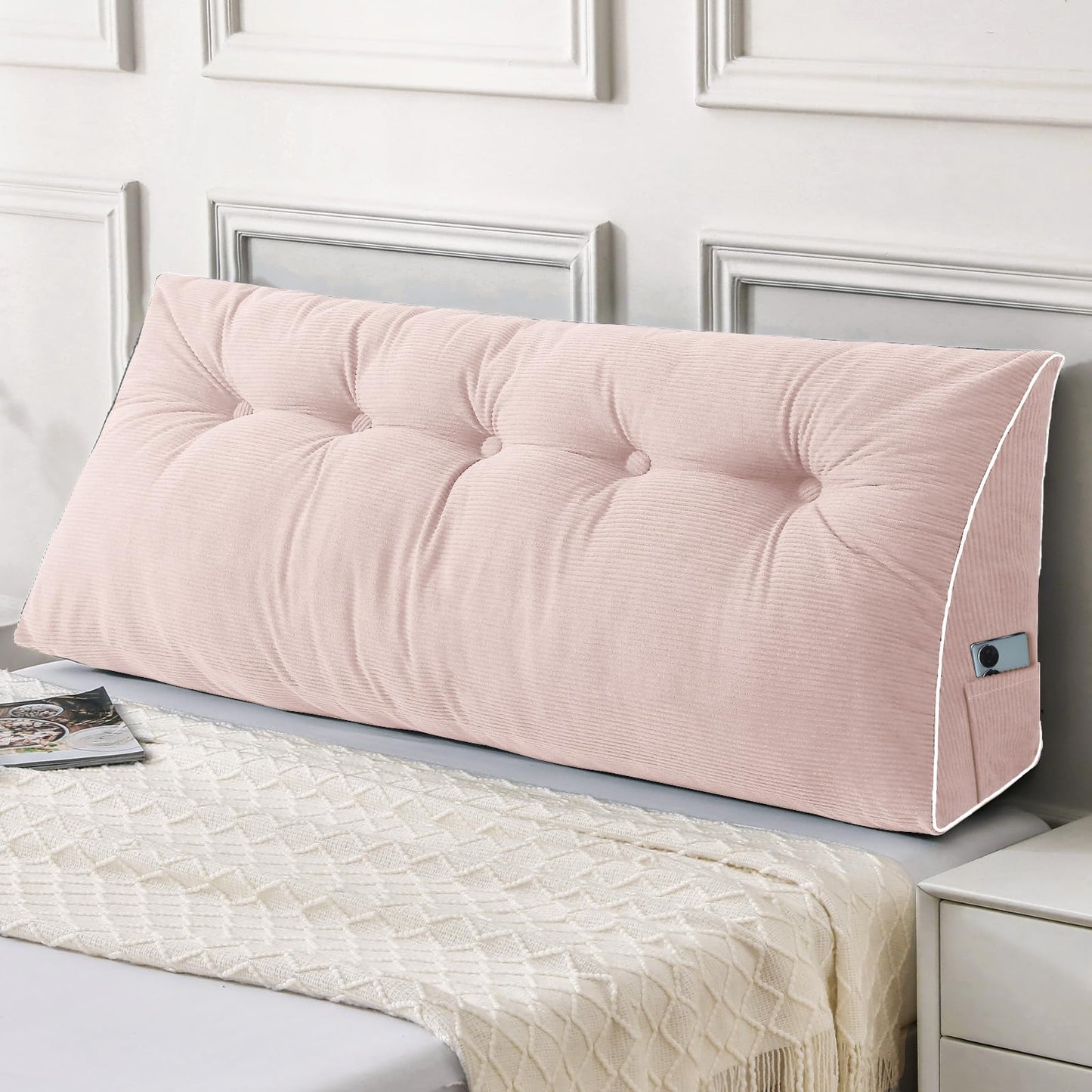 Fahymas Queen Size Wedge Headboard Pillow Set with 2 Bolster Pillows, Velvet Back Support Reading Pillow with Removable Washable Cover
