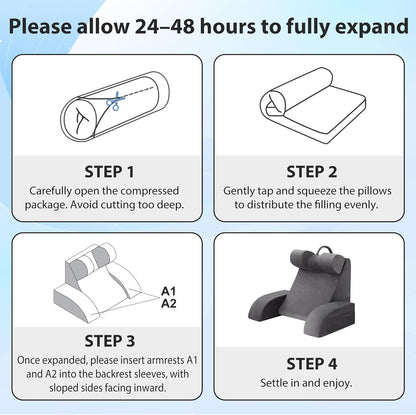 Fahymas Medium Foam Reading Pillow with Detachable Arms and Headrest, Bed Rest Back Support Pillow with Side Pockets