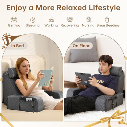 Fahymas 19-Inch Wedge Reading Pillow with Removable Arms, Bed Rest Back Support Pillow with Side Pockets