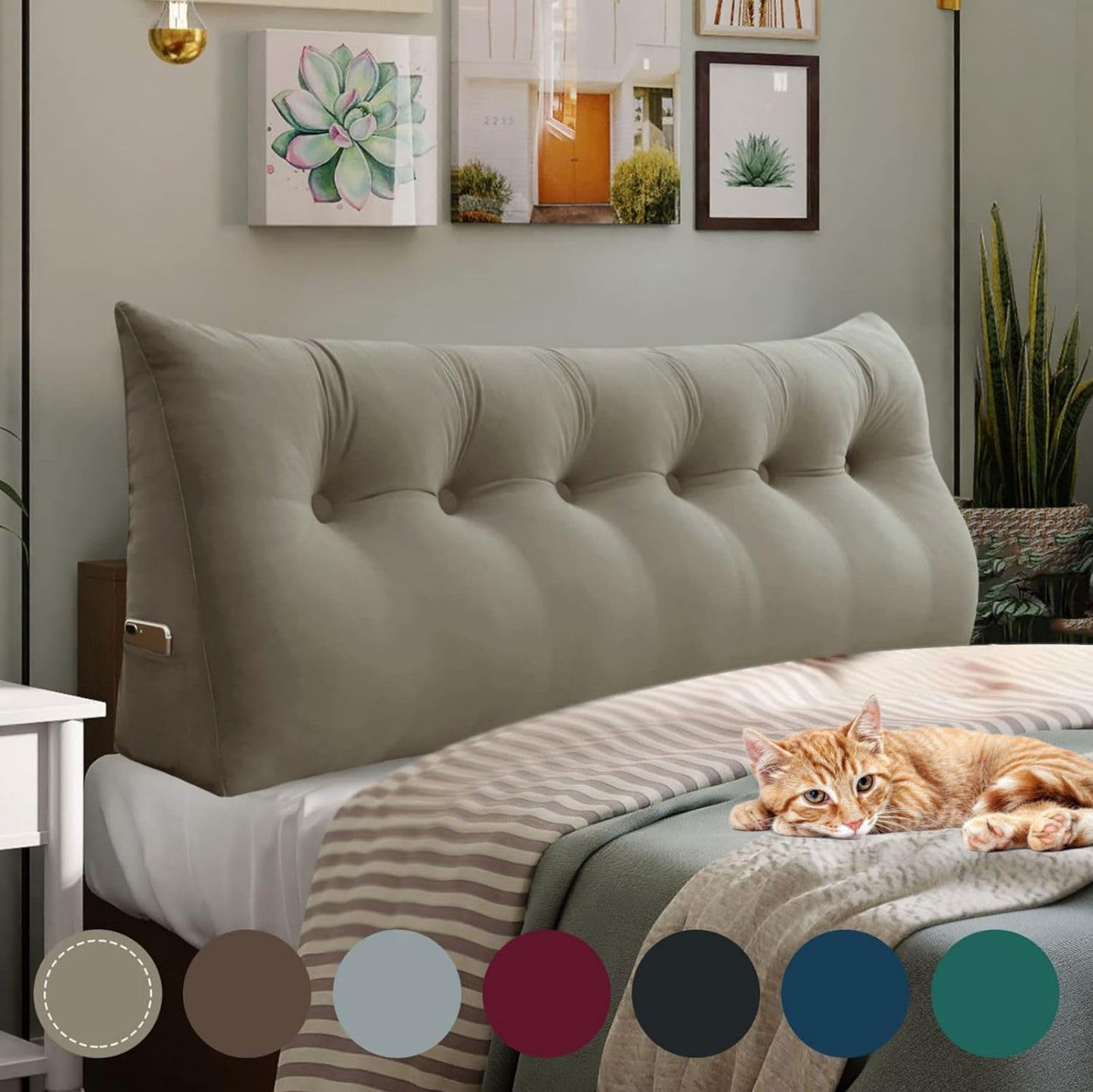 Fahymas Queen Size Wedge Headboard Pillow with Side Pockets, Velvet Back Support Reading Pillow with Removable Washable Cover