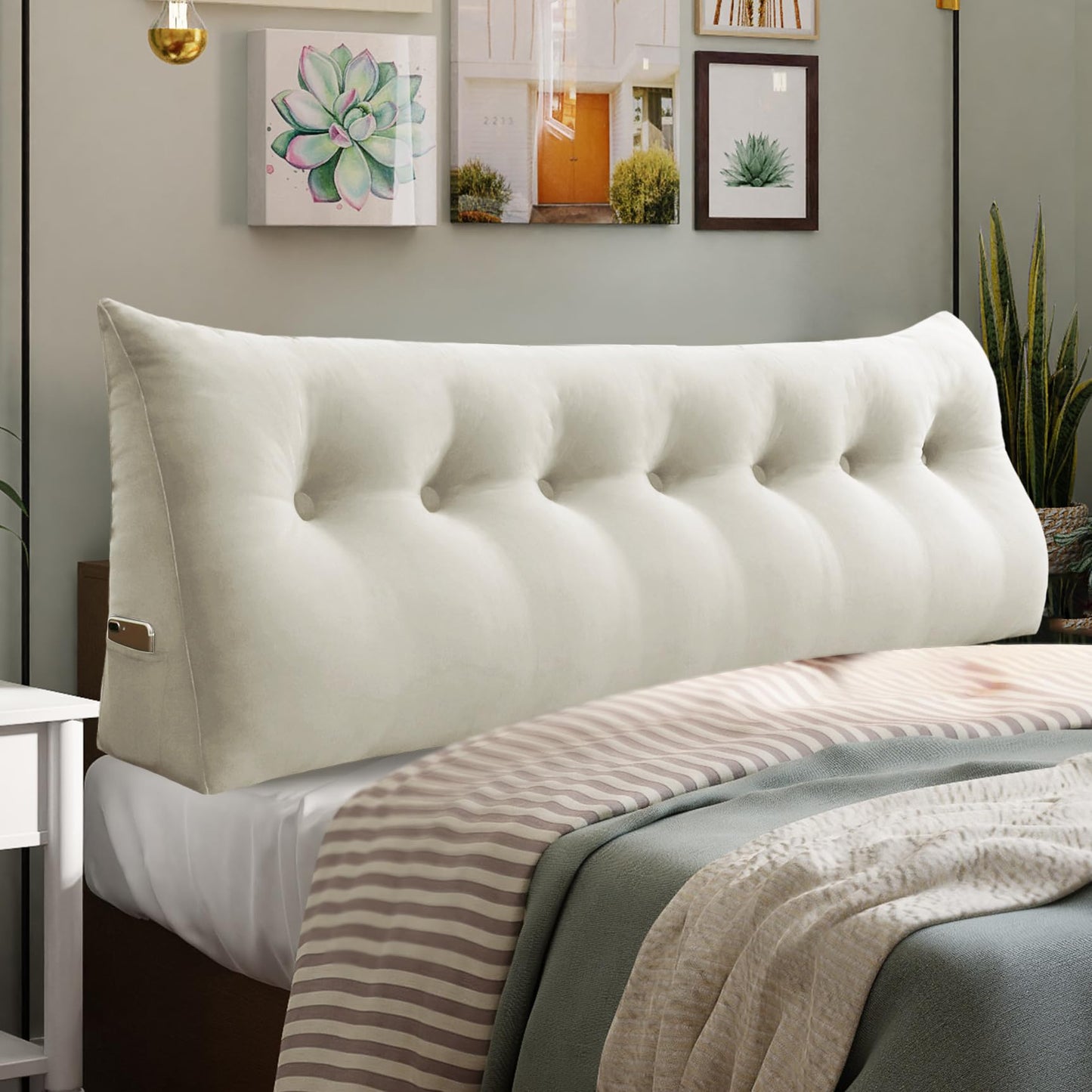 Fahymas Queen Size Wedge Headboard Pillow with Side Pockets, Velvet Back Support Reading Pillow with Removable Washable Cover