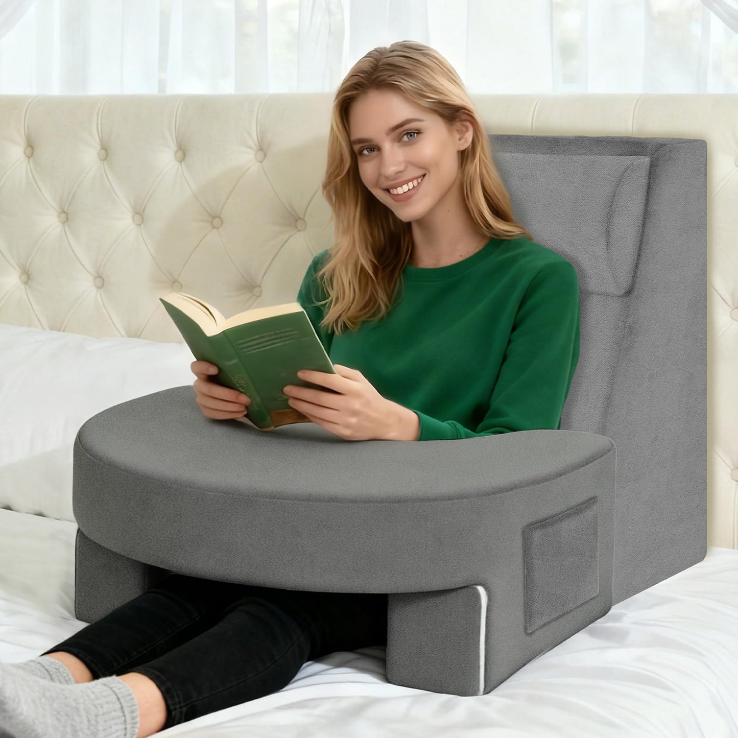 Fahymas Adjustable 3-Piece Reading Wedge Pillow Set with Laptop Tray, Modular Bed Rest Support System with Side Pockets