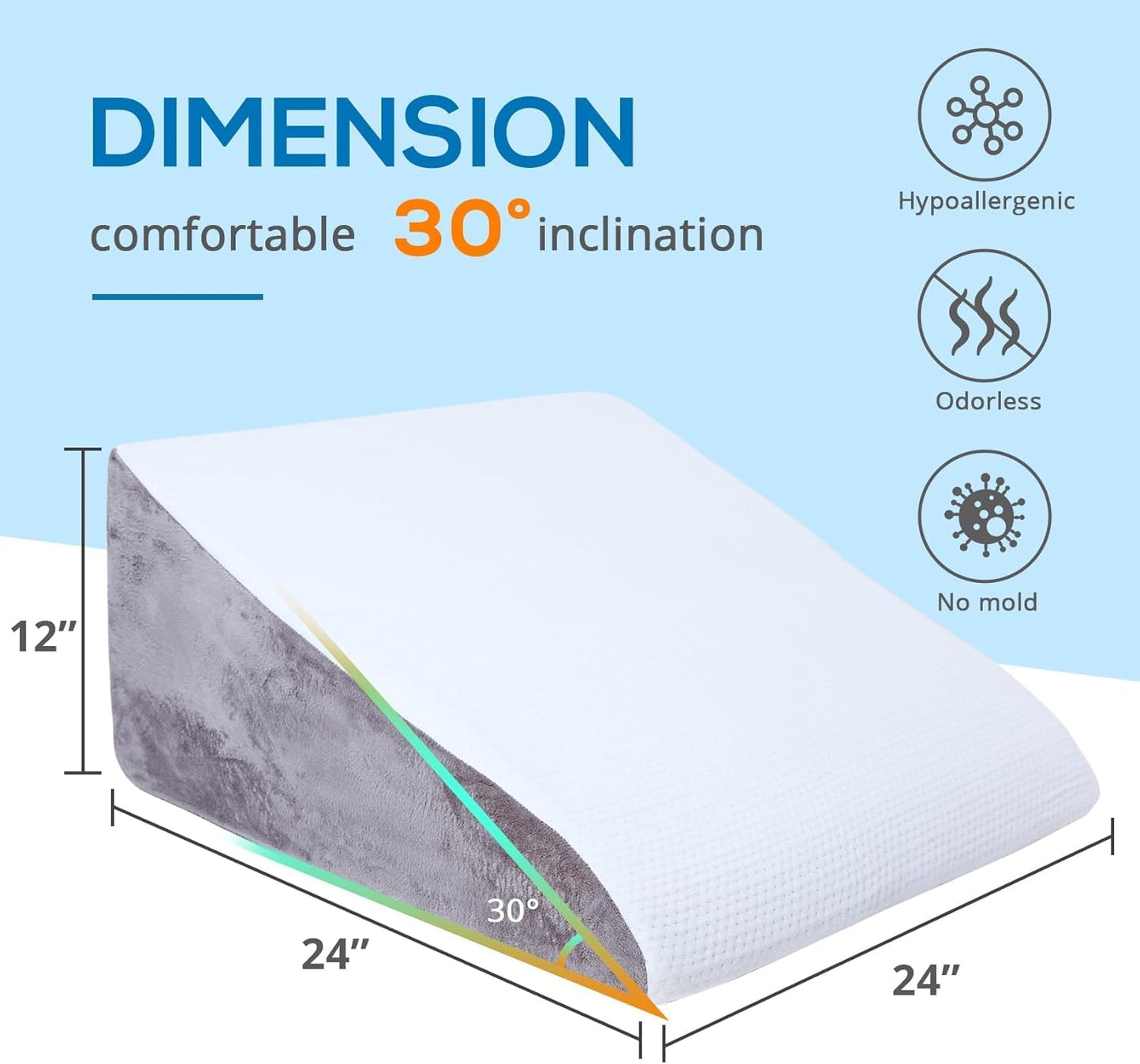 Fahymas 24-Inch Memory Foam Bed Wedge Pillow with 30-Degree Incline, Ergonomic Back and Leg Support Pillow with Washable Cover