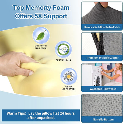 Fahymas Queen Size Memory Foam Reading Pillow with Detachable Neck Roll, Bed Rest Back Support Pillow with Arms, Grey & White