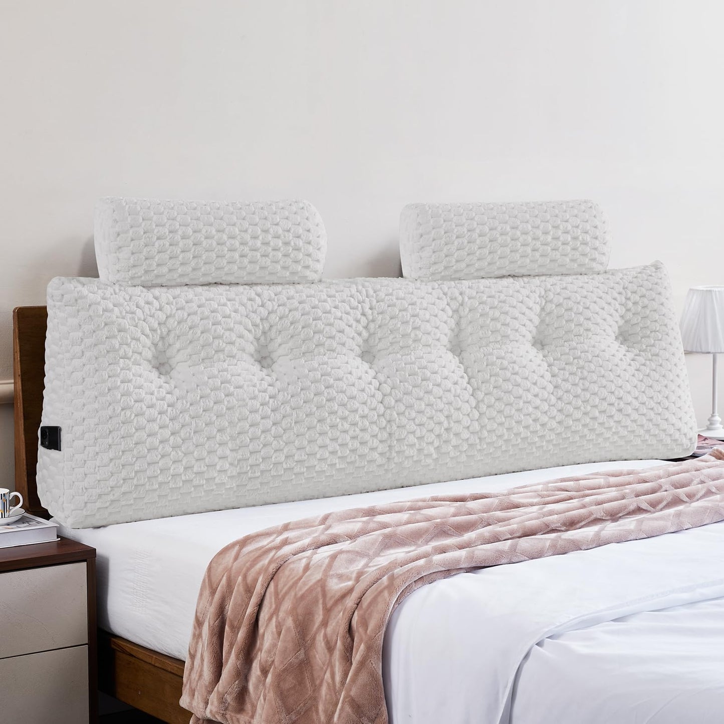 Fahymas Queen Size Wedge Headboard Pillow Set with 2 Roll Pillows, Velvet Back Support Reading Pillow with Removable Washable Cover