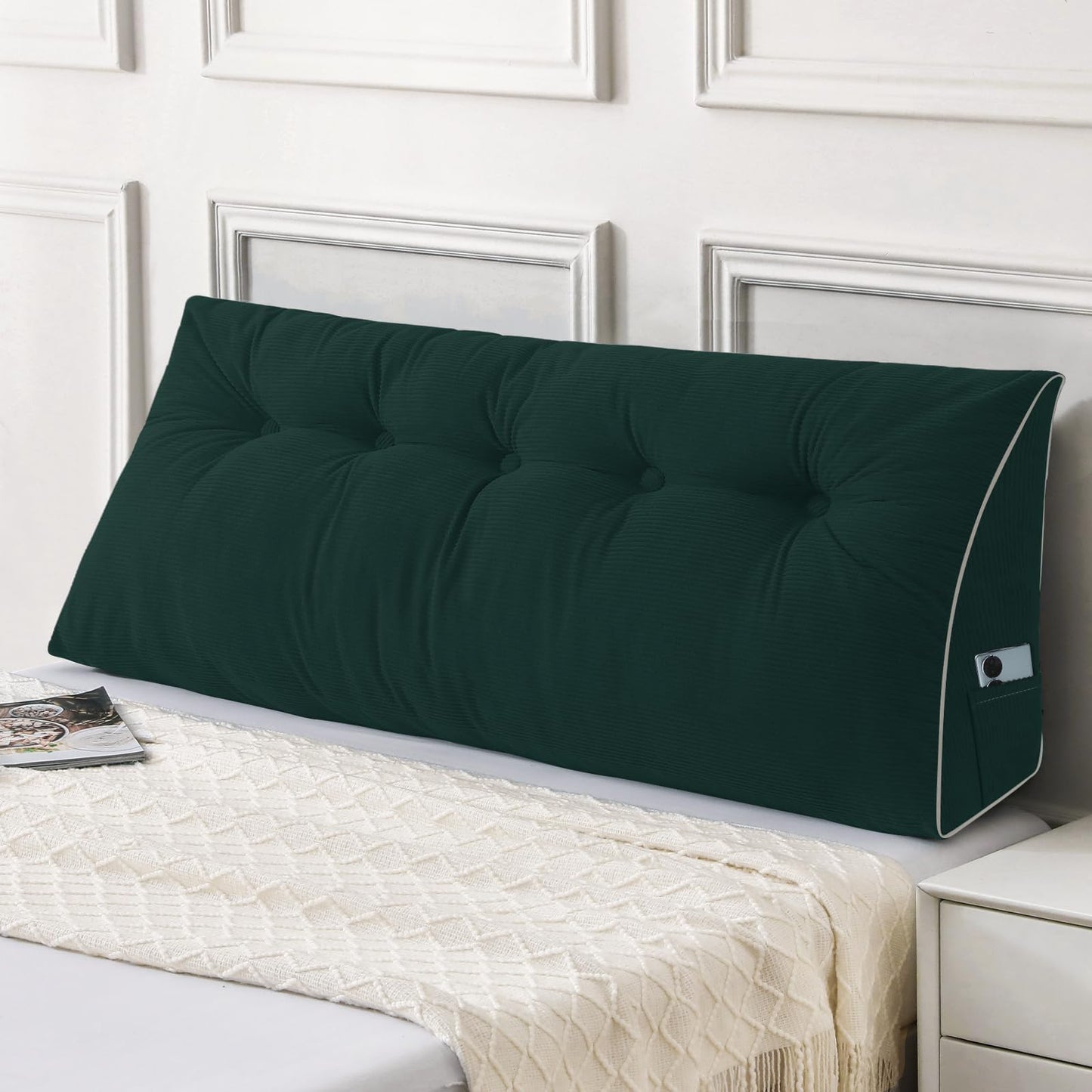 Fahymas Queen Size Wedge Headboard Pillow Set with 2 Bolster Pillows, Velvet Back Support Reading Pillow with Removable Washable Cover