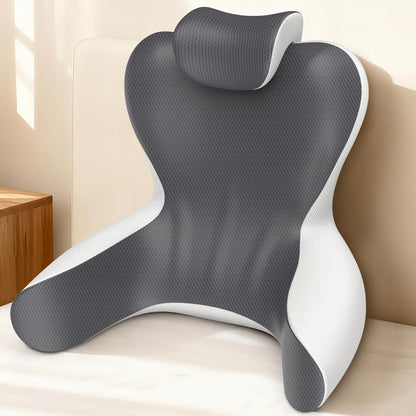 Fahymas Queen Size Memory Foam Reading Pillow with Detachable Neck Roll, Bed Rest Back Support Pillow with Arms, Grey & White