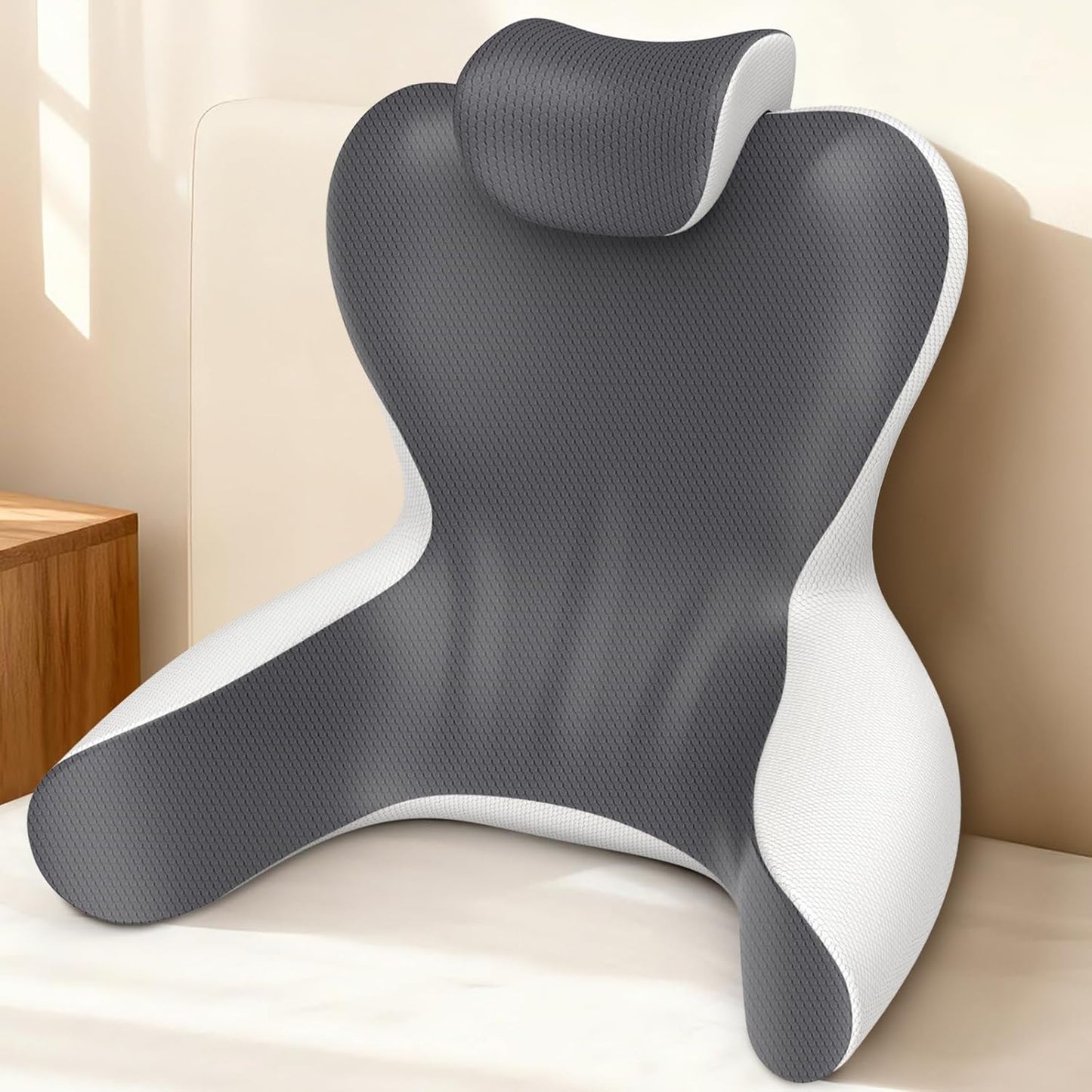 Fahymas Queen Size Memory Foam Reading Pillow with Detachable Neck Roll, Bed Rest Back Support Pillow with Arms, Grey & White