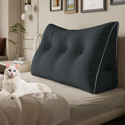 Fahymas Queen Size Wedge Headboard Pillow with Side Pockets, Velvet Back Support Reading Pillow with Removable Washable Cover