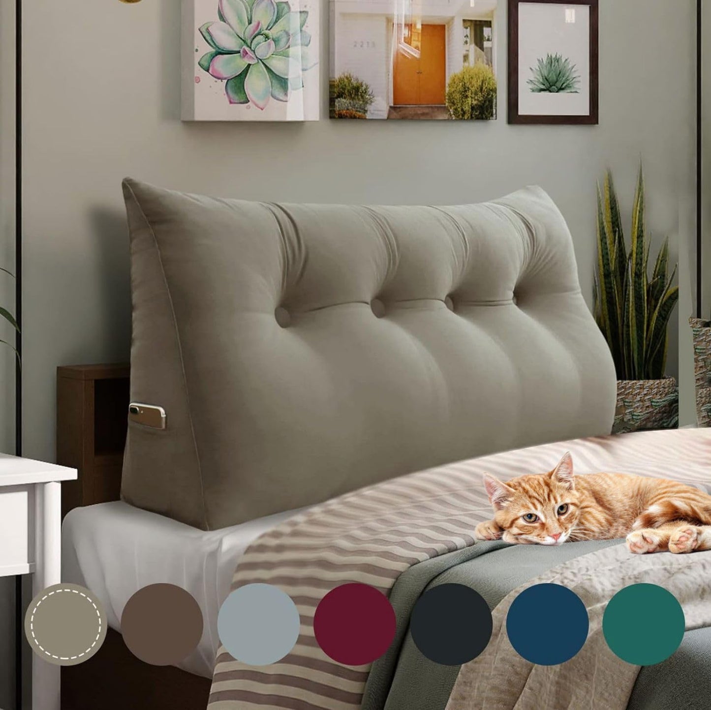 Fahymas Queen Size Wedge Headboard Pillow with Side Pockets, Velvet Back Support Reading Pillow with Removable Washable Cover