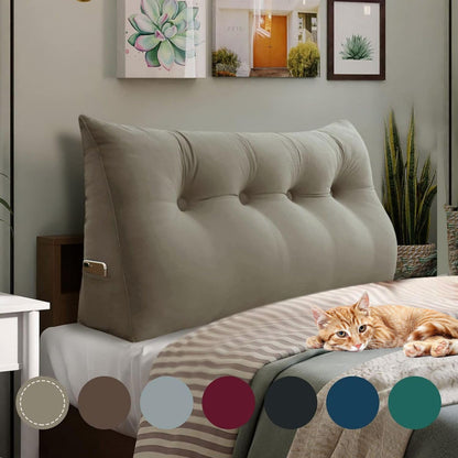 Fahymas Queen Size Wedge Headboard Pillow with Side Pockets, Velvet Back Support Reading Pillow with Removable Washable Cover