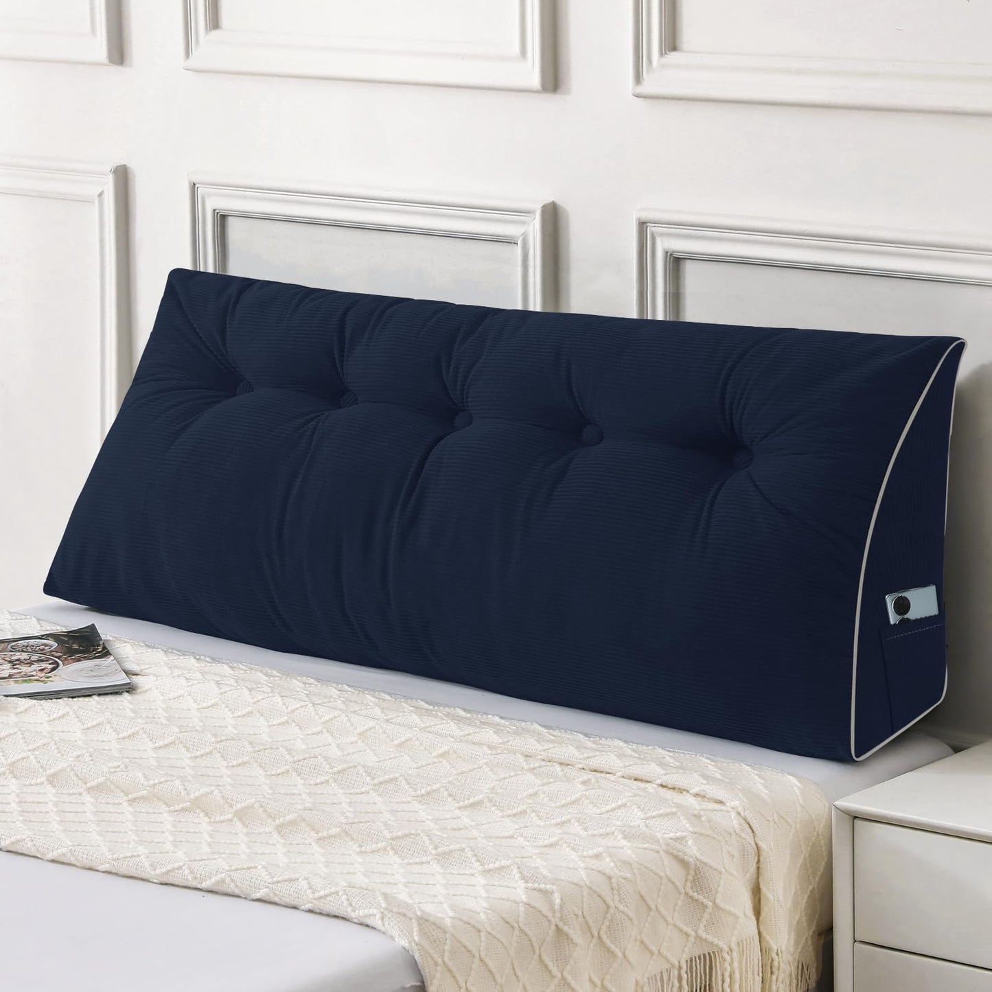 Fahymas Queen Size Wedge Headboard Pillow Set with 2 Bolster Pillows, Velvet Back Support Reading Pillow with Removable Washable Cover