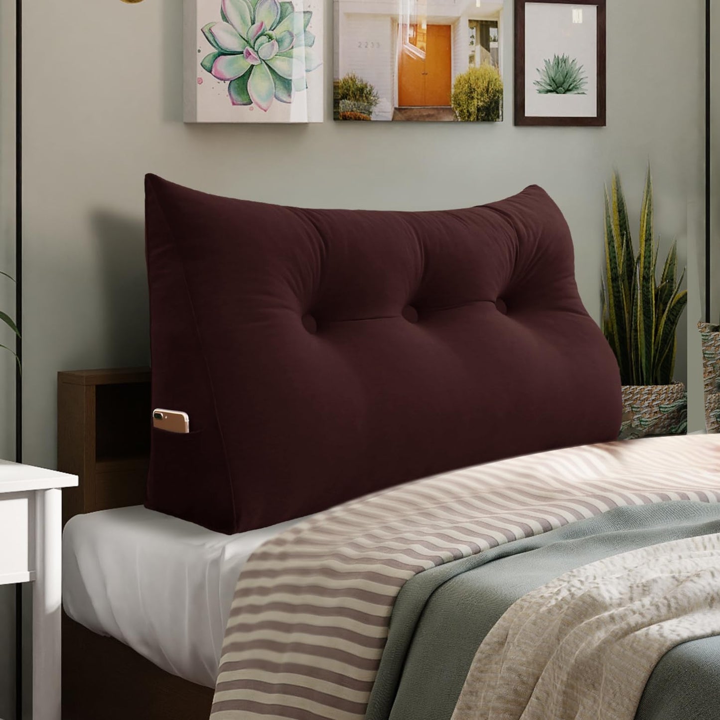 Fahymas Queen Size Wedge Headboard Pillow with Side Pockets, Velvet Back Support Reading Pillow with Removable Washable Cover