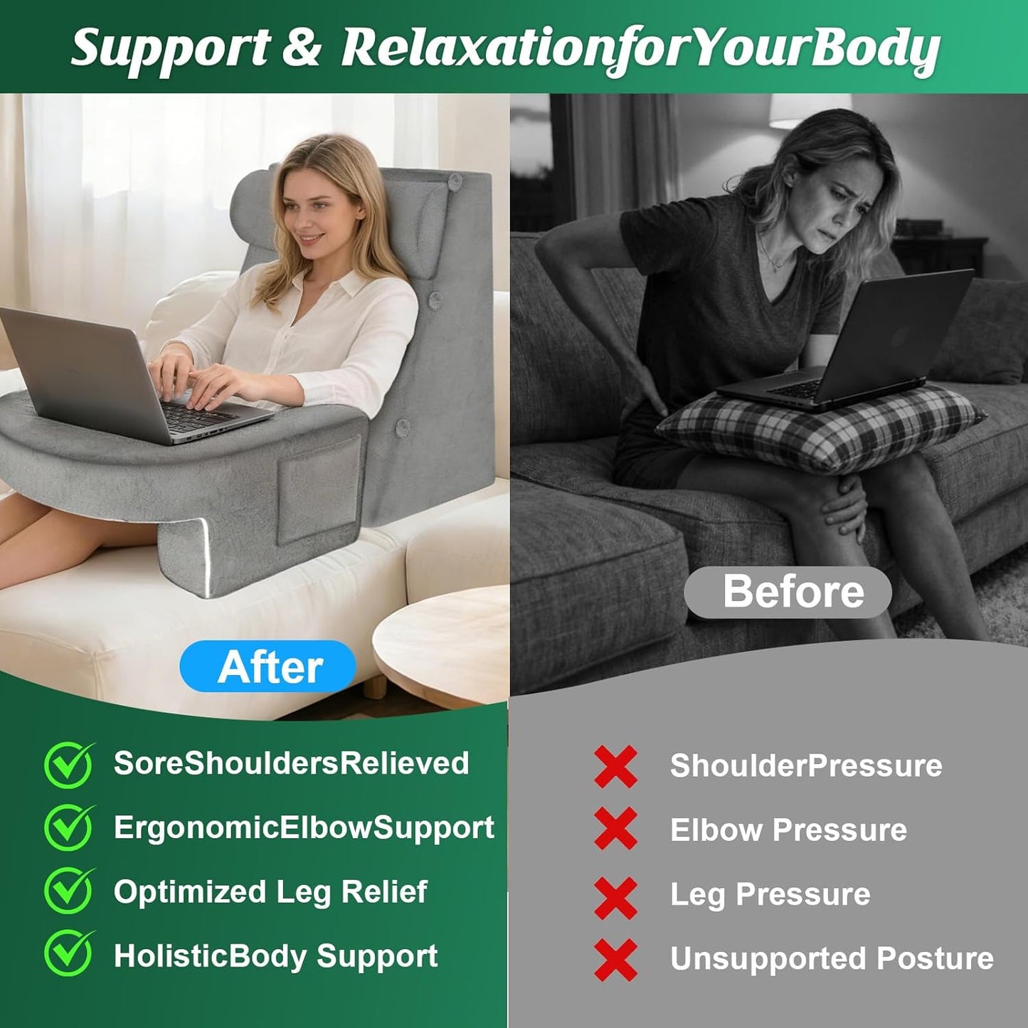 Fahymas Adjustable 3-Piece Reading Wedge Pillow Set with Laptop Tray, Modular Bed Rest Support System with Side Pockets