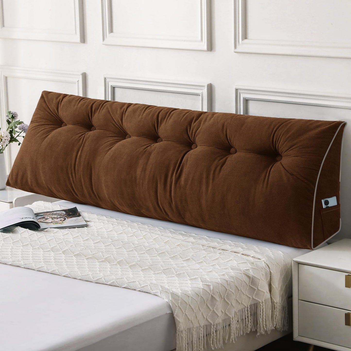 Fahymas Queen Size Wedge Headboard Pillow Set with 2 Bolster Pillows, Velvet Back Support Reading Pillow with Removable Washable Cover
