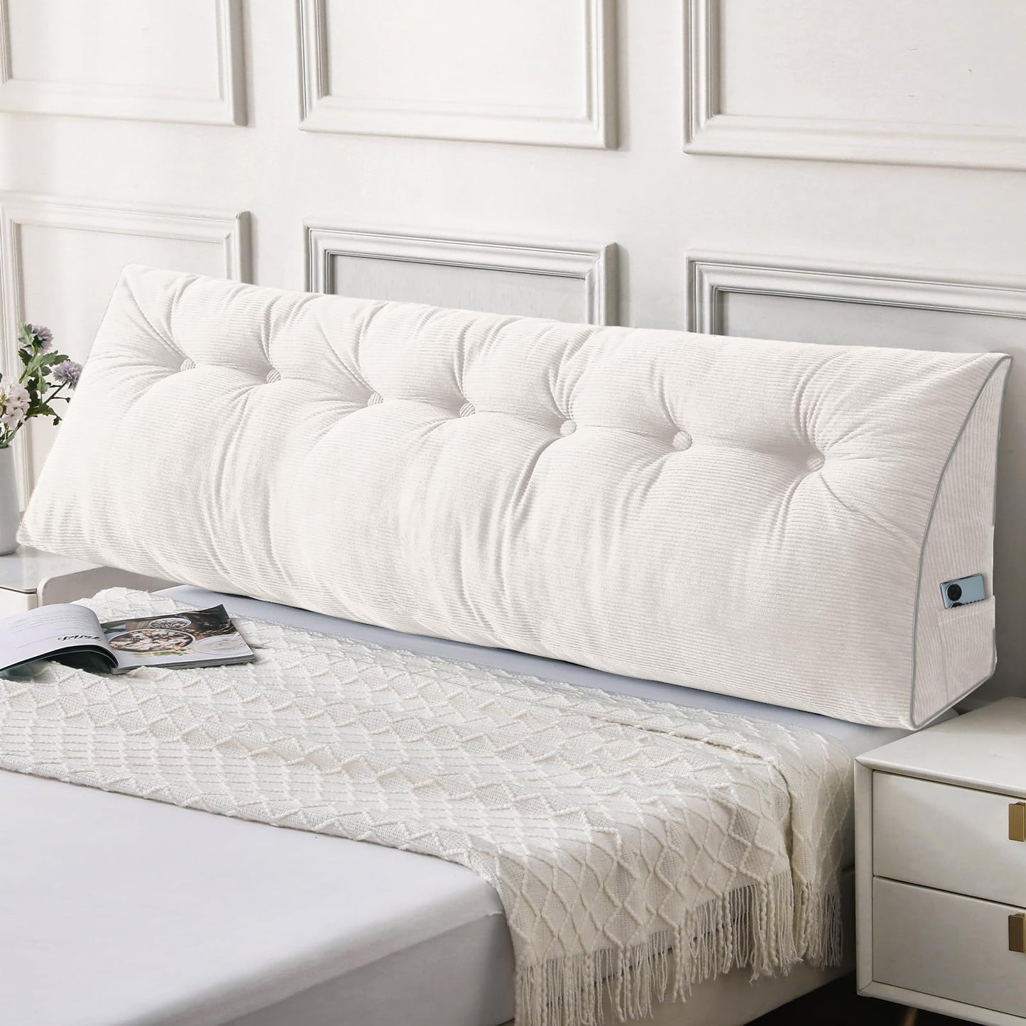 Fahymas Queen Size Wedge Headboard Pillow Set with 2 Bolster Pillows, Velvet Back Support Reading Pillow with Removable Washable Cover