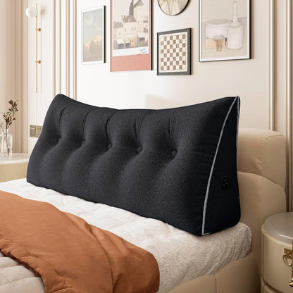 Fahymas Queen Size Wedge Headboard Pillow with Side Pockets, Velvet Back Support Reading Pillow with Removable Washable Cover