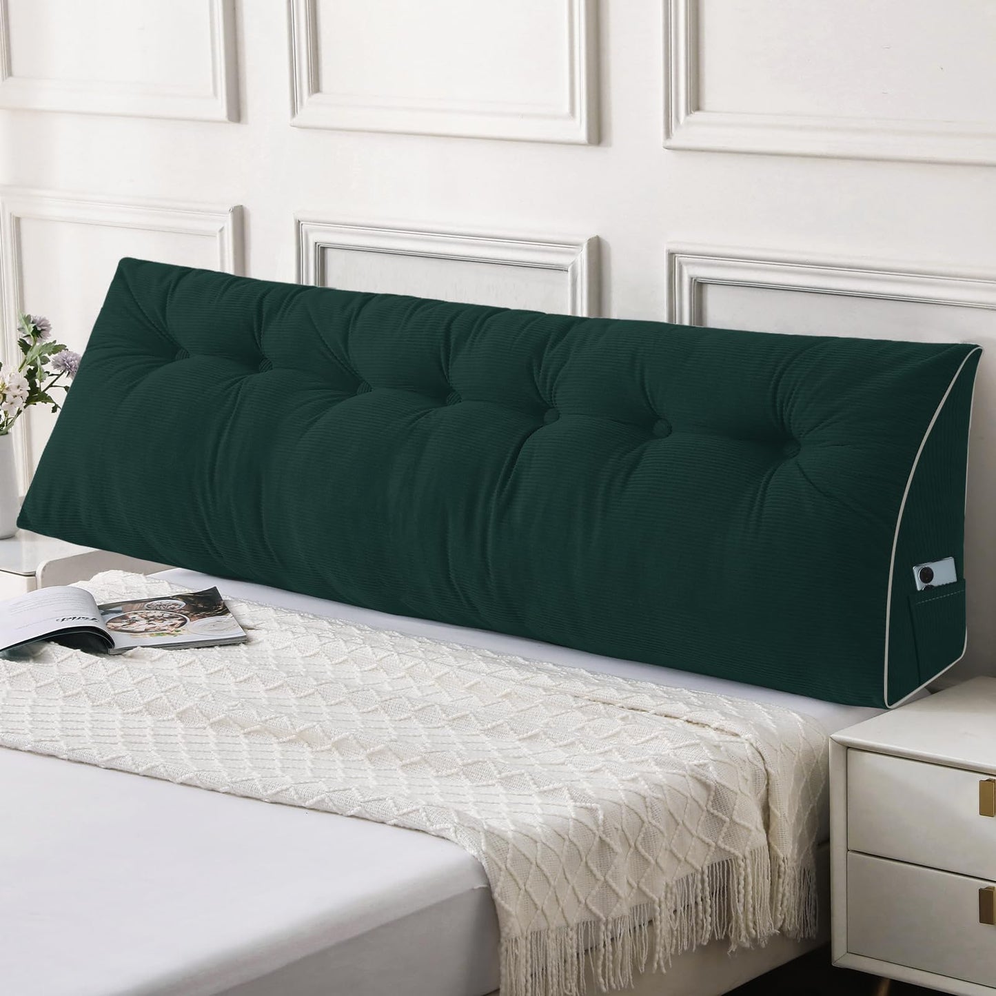 Fahymas Queen Size Wedge Headboard Pillow Set with 2 Bolster Pillows, Velvet Back Support Reading Pillow with Removable Washable Cover