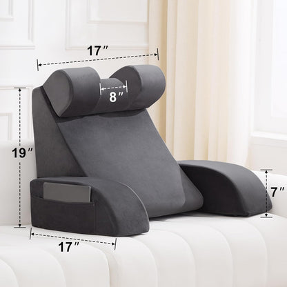 Fahymas Medium Foam Reading Pillow with Detachable Arms and Headrest, Bed Rest Back Support Pillow with Side Pockets