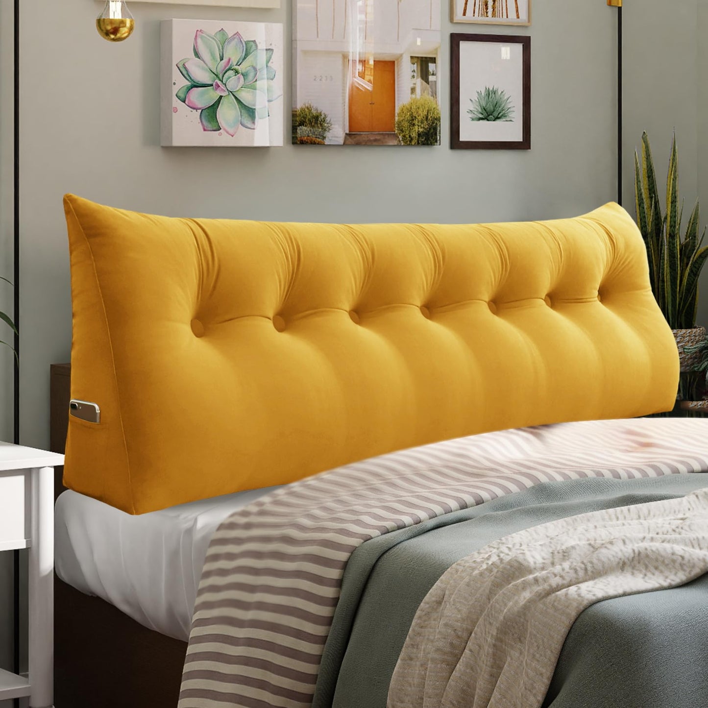 Fahymas Queen Size Wedge Headboard Pillow with Side Pockets, Velvet Back Support Reading Pillow with Removable Washable Cover
