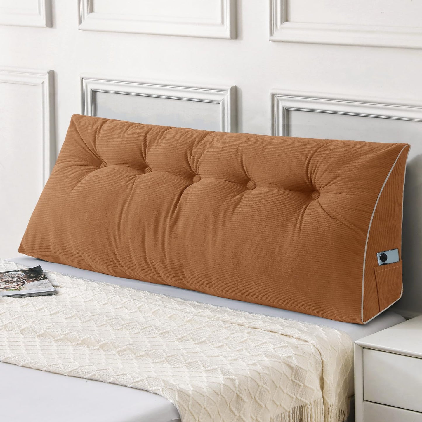Fahymas Queen Size Wedge Headboard Pillow Set with 2 Bolster Pillows, Velvet Back Support Reading Pillow with Removable Washable Cover