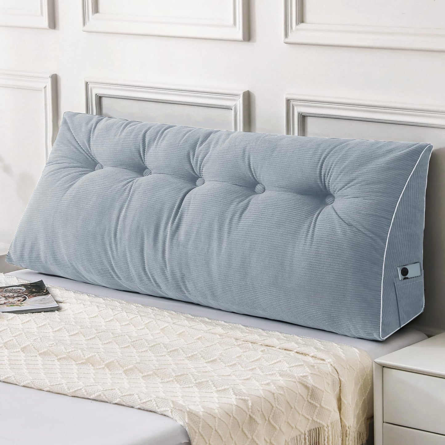 Fahymas Queen Size Wedge Headboard Pillow Set with 2 Bolster Pillows, Velvet Back Support Reading Pillow with Removable Washable Cover