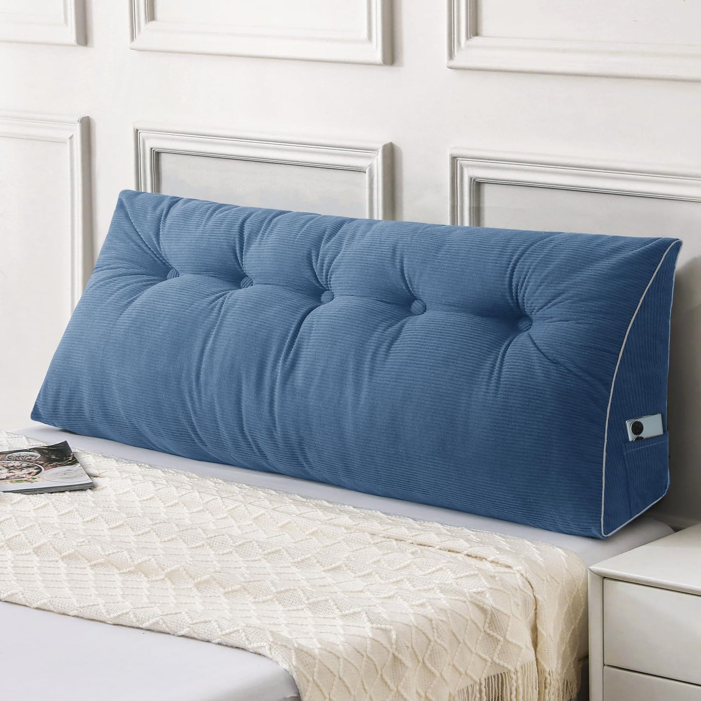 Fahymas Queen Size Wedge Headboard Pillow Set with 2 Bolster Pillows, Velvet Back Support Reading Pillow with Removable Washable Cover