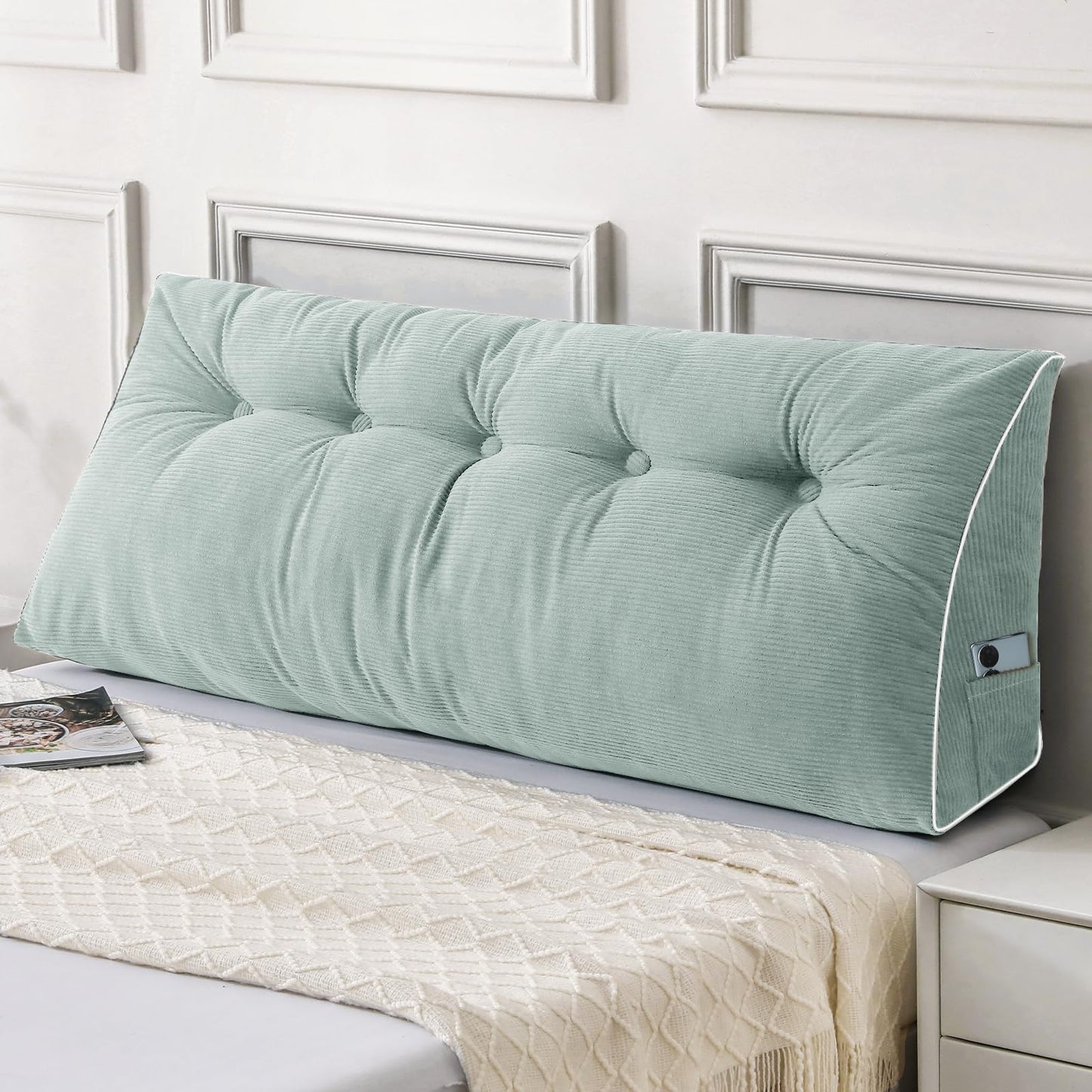 Fahymas Queen Size Wedge Headboard Pillow Set with 2 Bolster Pillows, Velvet Back Support Reading Pillow with Removable Washable Cover