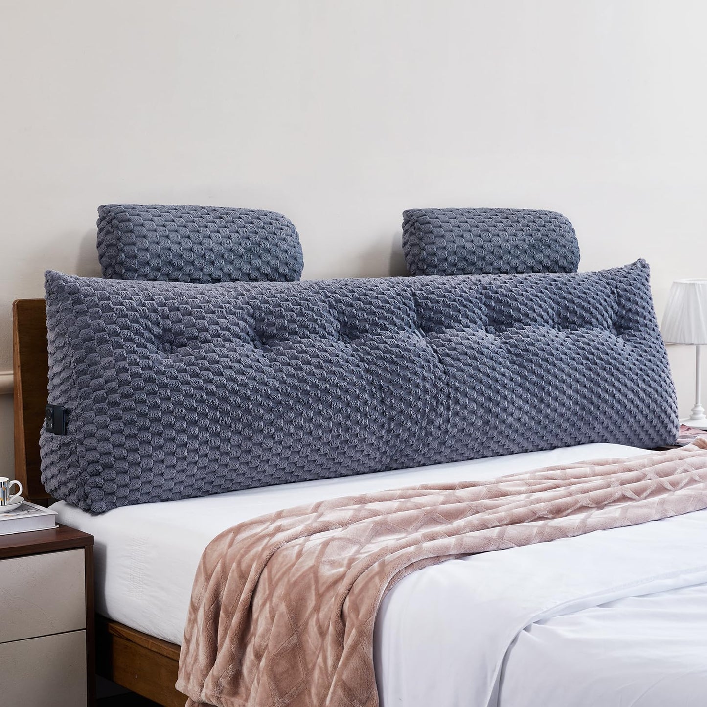 Fahymas Queen Size Wedge Headboard Pillow Set with 2 Roll Pillows, Velvet Back Support Reading Pillow with Removable Washable Cover