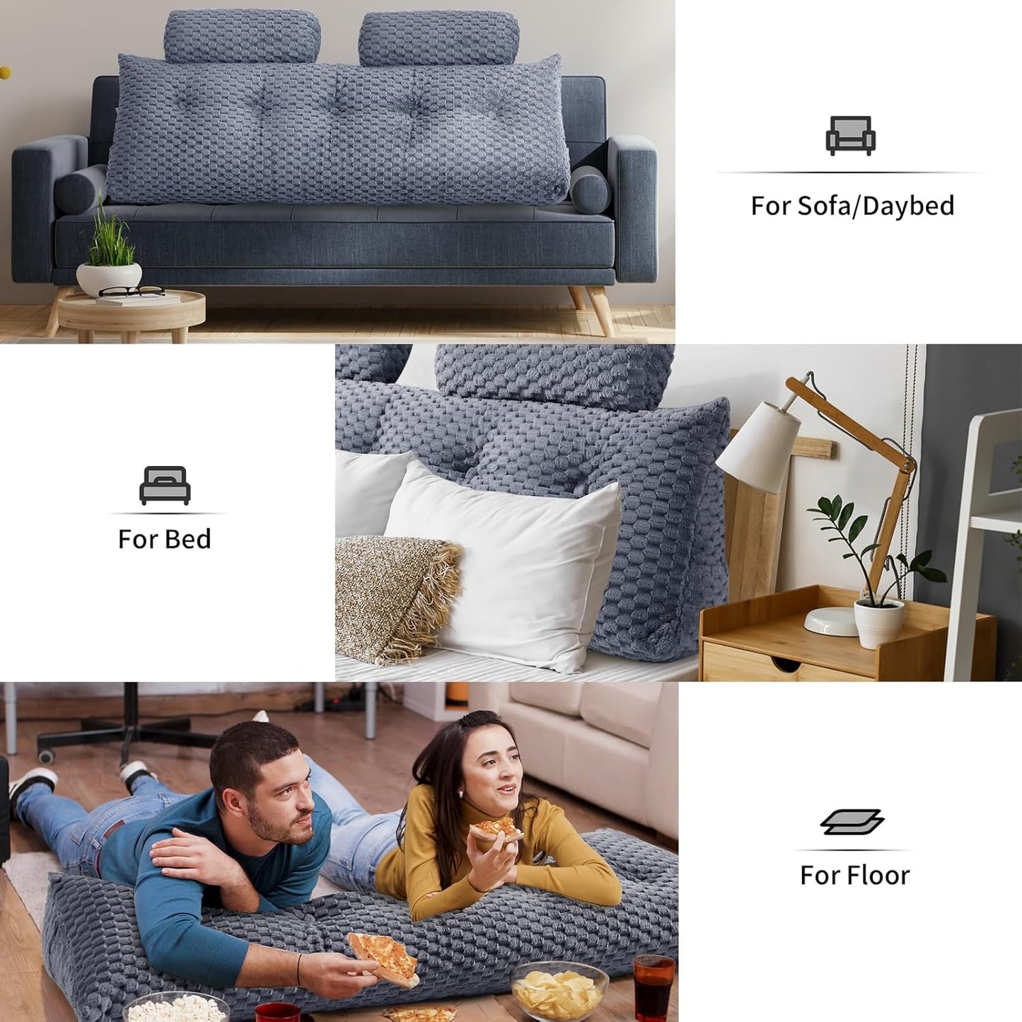Fahymas Queen Size Wedge Headboard Pillow Set with 2 Roll Pillows, Velvet Back Support Reading Pillow with Removable Washable Cover