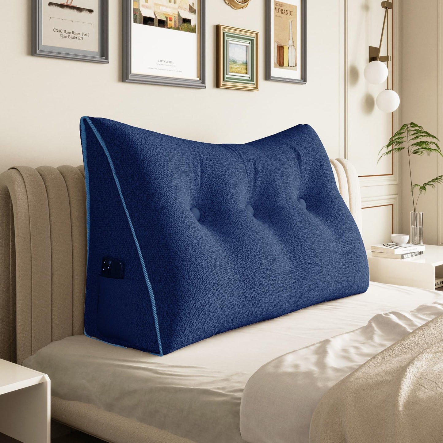 Fahymas Queen Size Wedge Headboard Pillow with Side Pockets, Velvet Back Support Reading Pillow with Removable Washable Cover