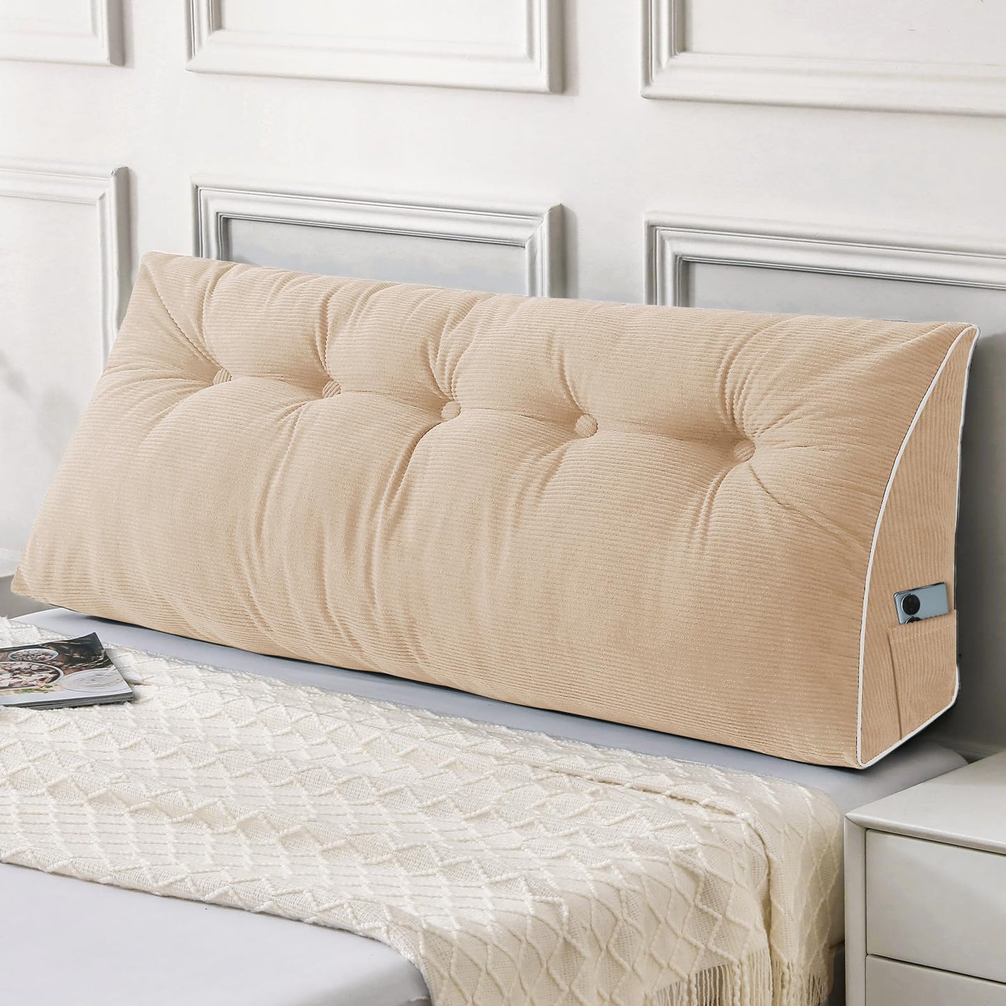 Fahymas Queen Size Wedge Headboard Pillow Set with 2 Bolster Pillows, Velvet Back Support Reading Pillow with Removable Washable Cover