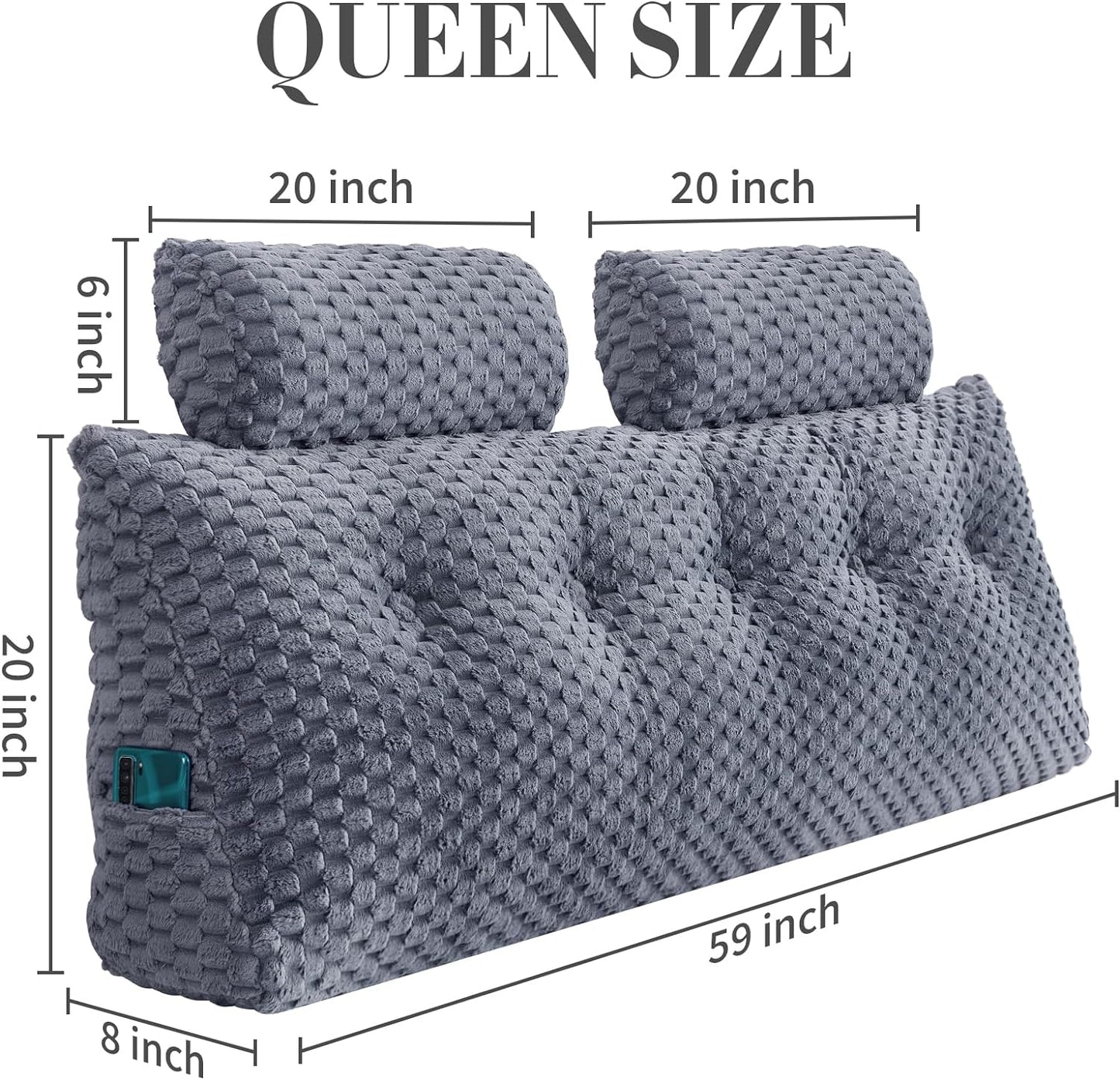 Fahymas Queen Size Wedge Headboard Pillow Set with 2 Roll Pillows, Velvet Back Support Reading Pillow with Removable Washable Cover