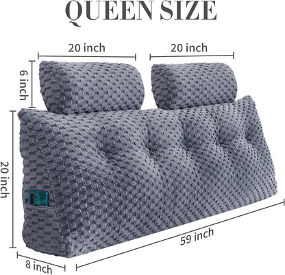 Fahymas Queen Size Wedge Headboard Pillow Set with 2 Roll Pillows, Velvet Back Support Reading Pillow with Removable Washable Cover