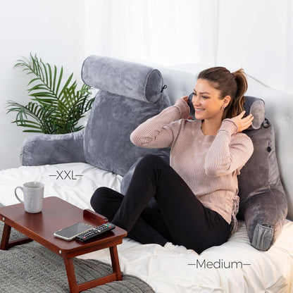Fahymas XX-Large Reading Pillow with Arms and Neck Roll, Shredded Memory Foam Bed Rest Pillow with Removable Cover and Side Pockets, Grey