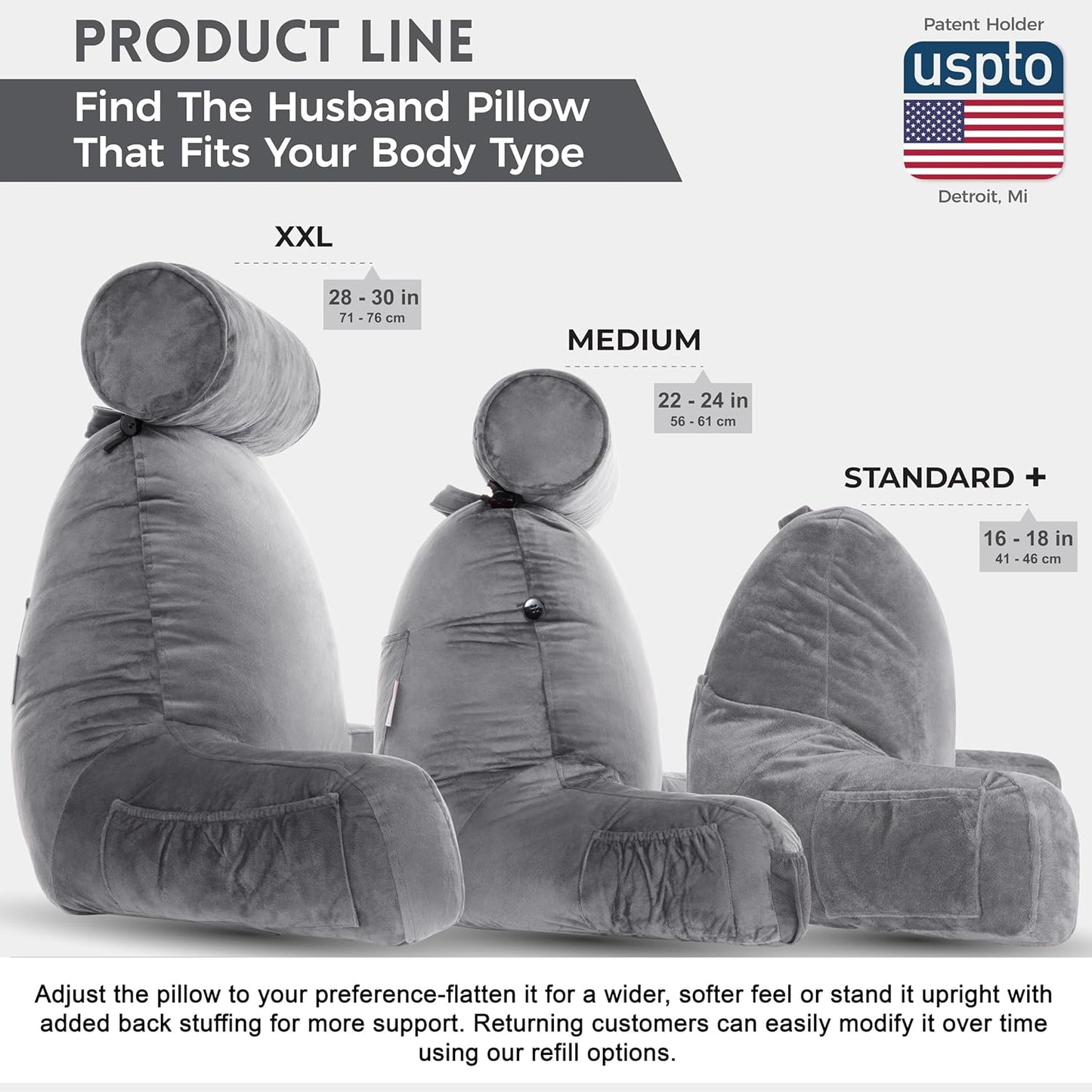 Fahymas XX-Large Reading Pillow with Arms and Neck Roll, Shredded Memory Foam Bed Rest Pillow with Removable Cover and Side Pockets, Grey