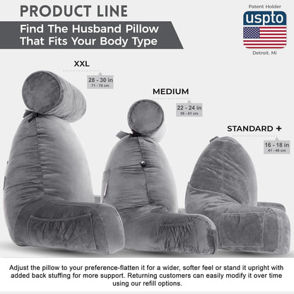 Fahymas XX-Large Reading Pillow with Arms and Neck Roll, Shredded Memory Foam Bed Rest Pillow with Removable Cover and Side Pockets, Grey