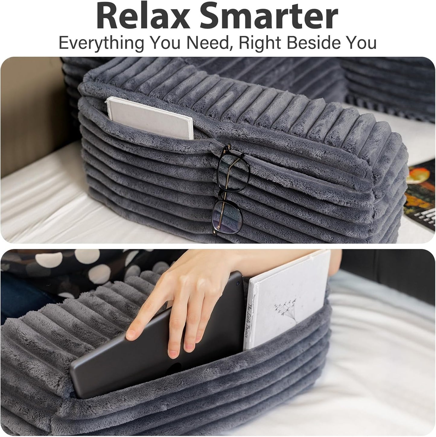 Fahymas 60-Degree Wedge Reading Pillow with Faux Fur Cover, Side Pockets and Portable Handle, XL Bed Rest Back Support Pillow