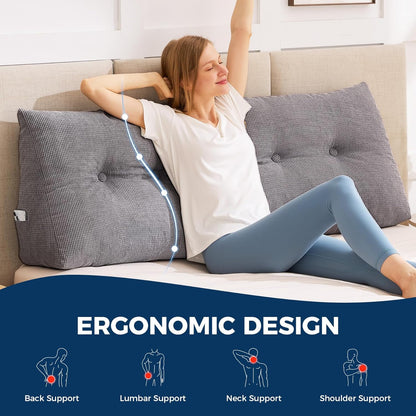 Fahymas Queen Size Wedge Headboard Pillow with Side Pockets, Tufted Back Support Reading Pillow with Removable Washable Cover