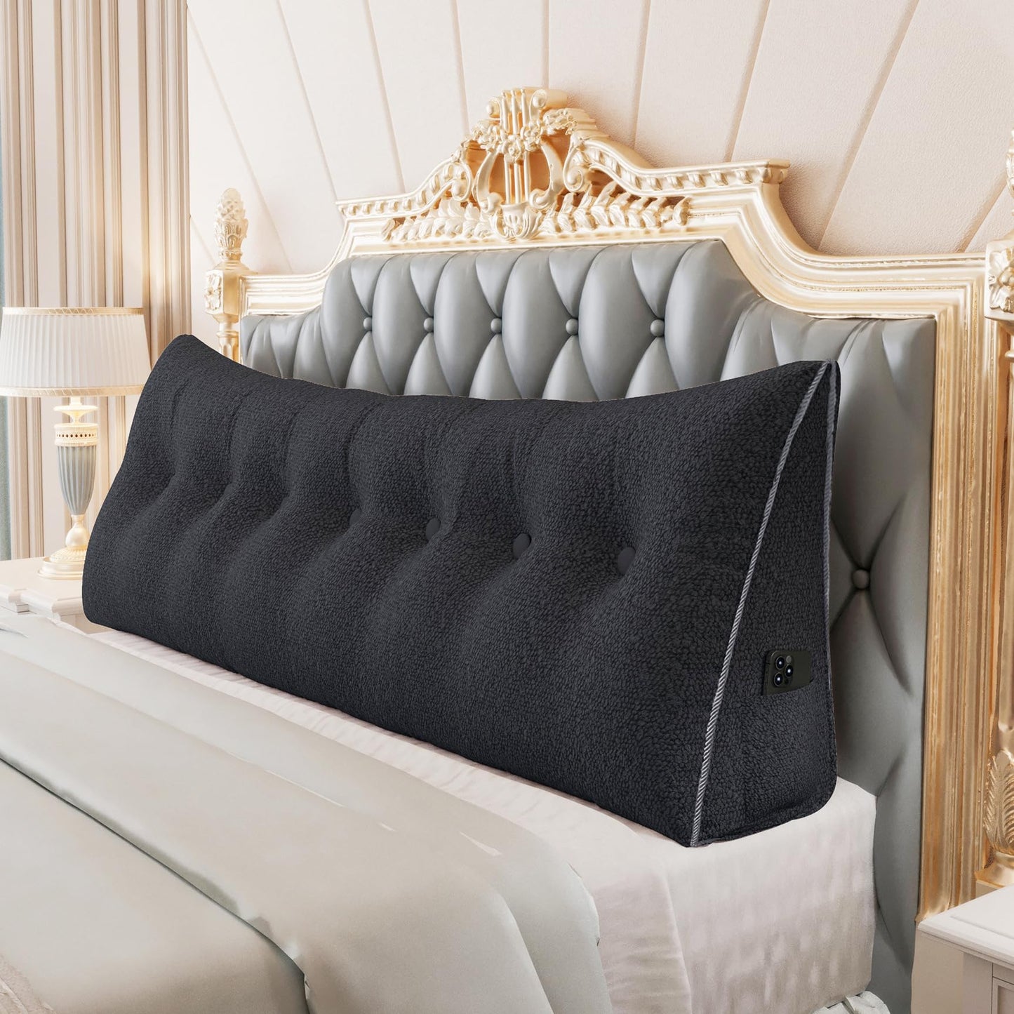 Fahymas Queen Size Wedge Headboard Pillow with Side Pockets, Velvet Back Support Reading Pillow with Removable Washable Cover