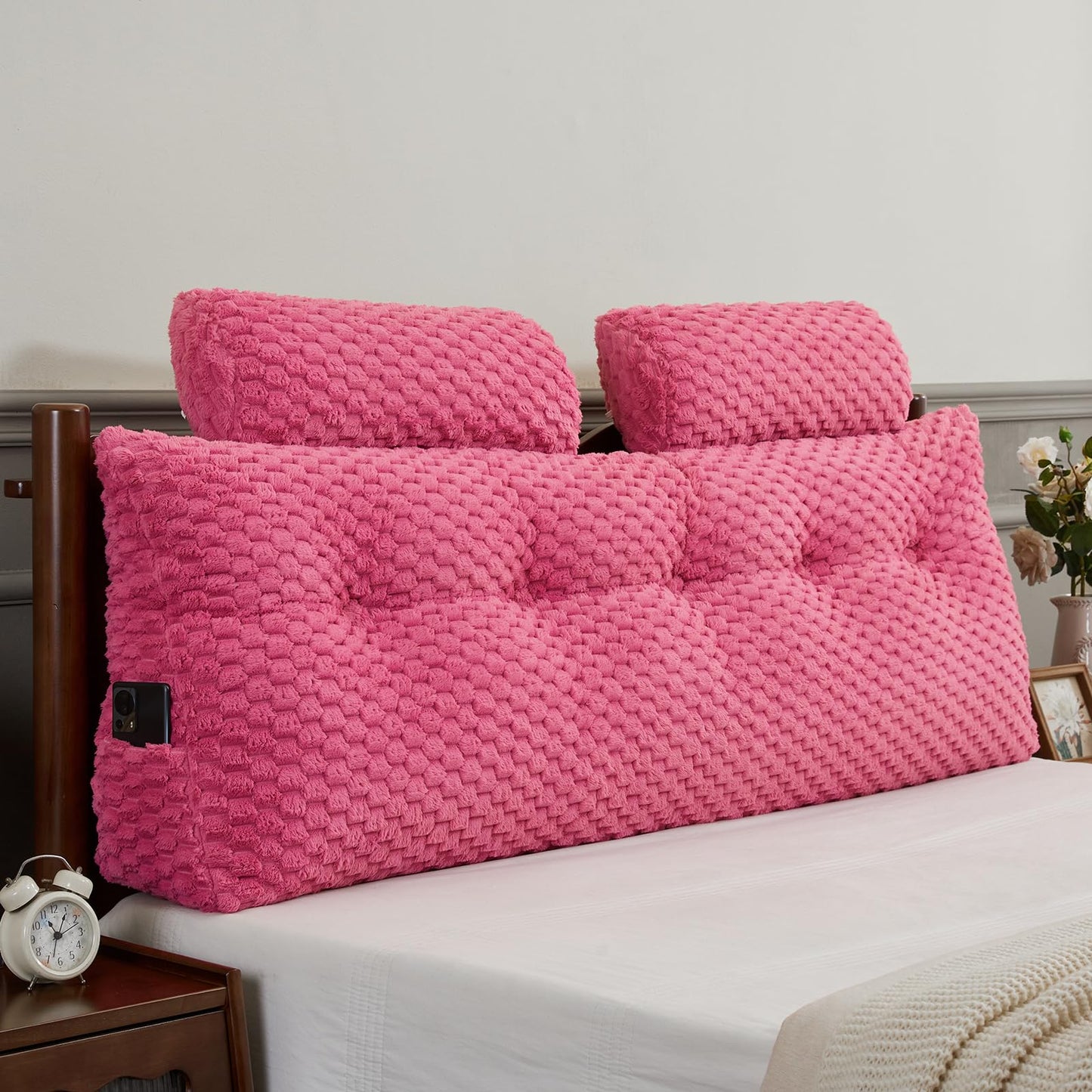 Fahymas Queen Size Wedge Headboard Pillow Set with 2 Roll Pillows, Velvet Back Support Reading Pillow with Removable Washable Cover