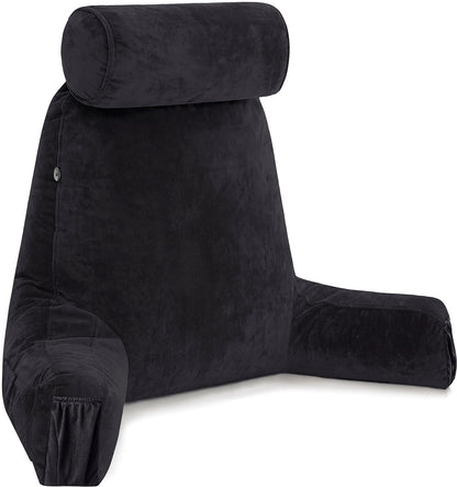 Fahymas XX-Large Reading Pillow with Arms and Neck Roll, Shredded Memory Foam Bed Rest Pillow with Removable Cover and Side Pockets, Grey
