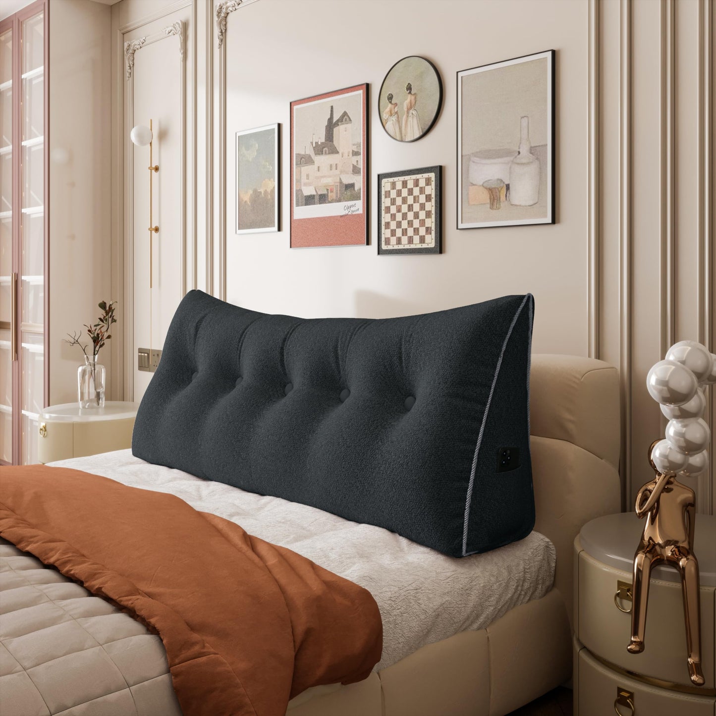 Fahymas Queen Size Wedge Headboard Pillow with Side Pockets, Velvet Back Support Reading Pillow with Removable Washable Cover