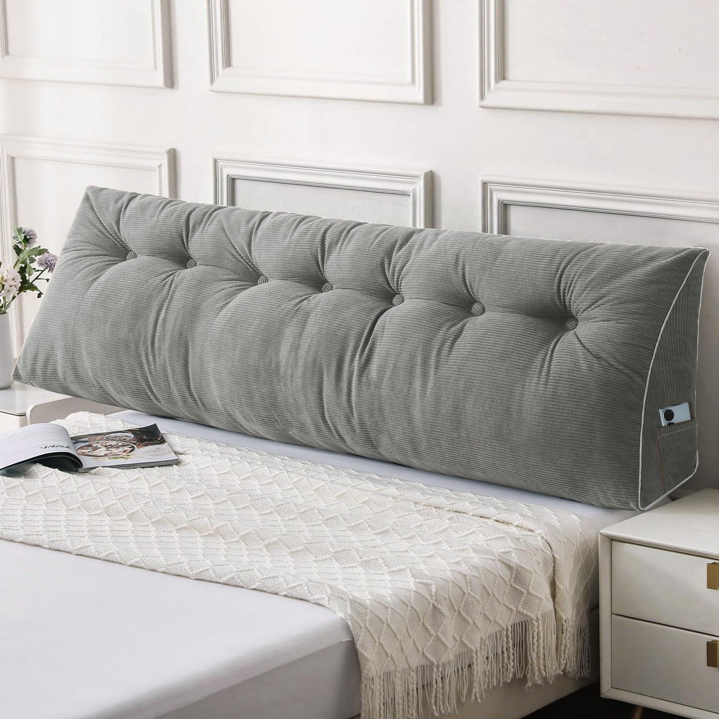 Fahymas Queen Size Wedge Headboard Pillow Set with 2 Bolster Pillows, Velvet Back Support Reading Pillow with Removable Washable Cover