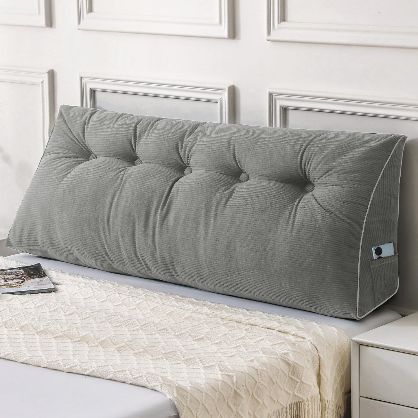 Fahymas Queen Size Wedge Headboard Pillow Set with 2 Bolster Pillows, Velvet Back Support Reading Pillow with Removable Washable Cover