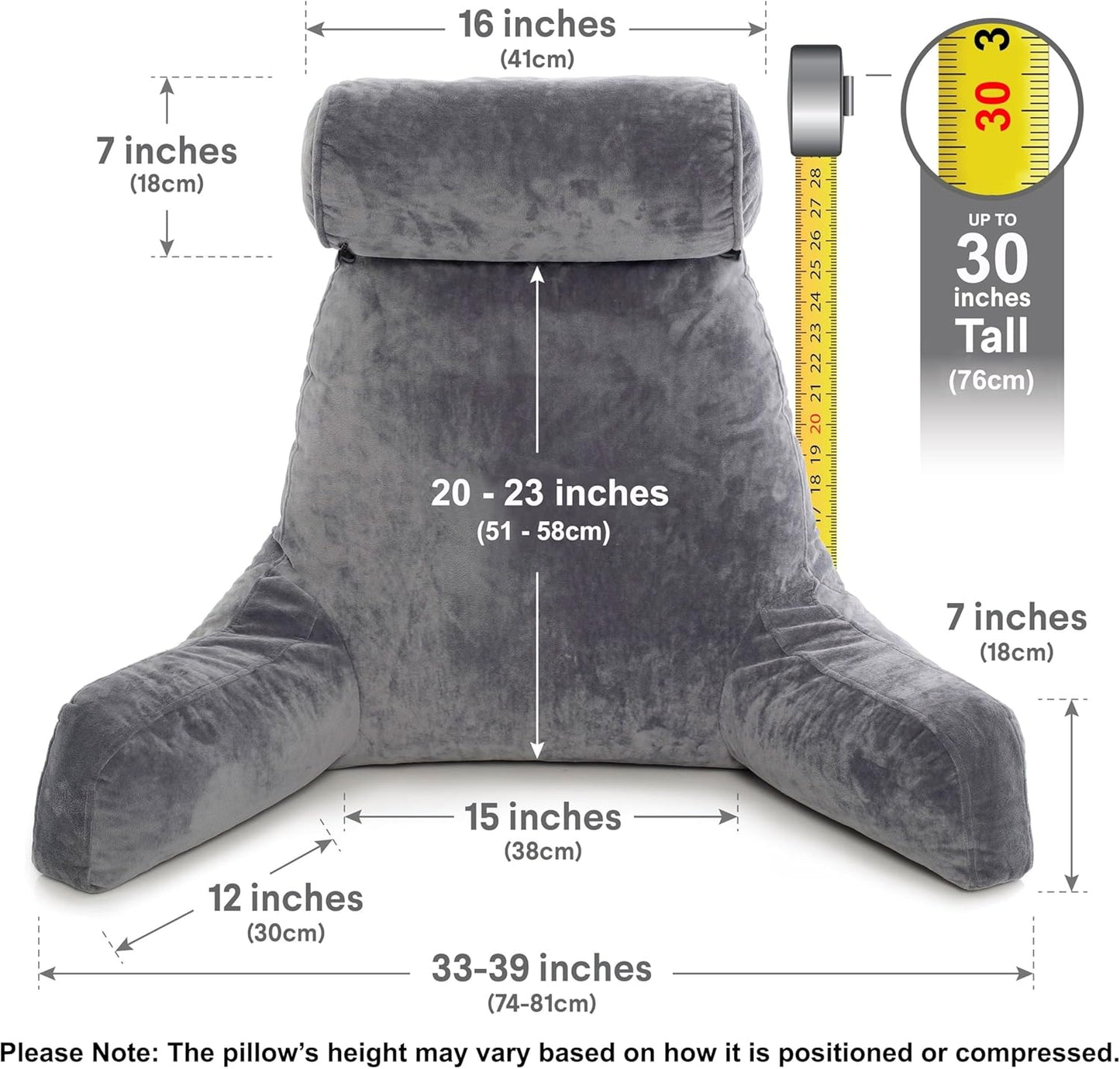 Fahymas XX-Large Reading Pillow with Arms and Neck Roll, Shredded Memory Foam Bed Rest Pillow with Removable Cover and Side Pockets, Grey